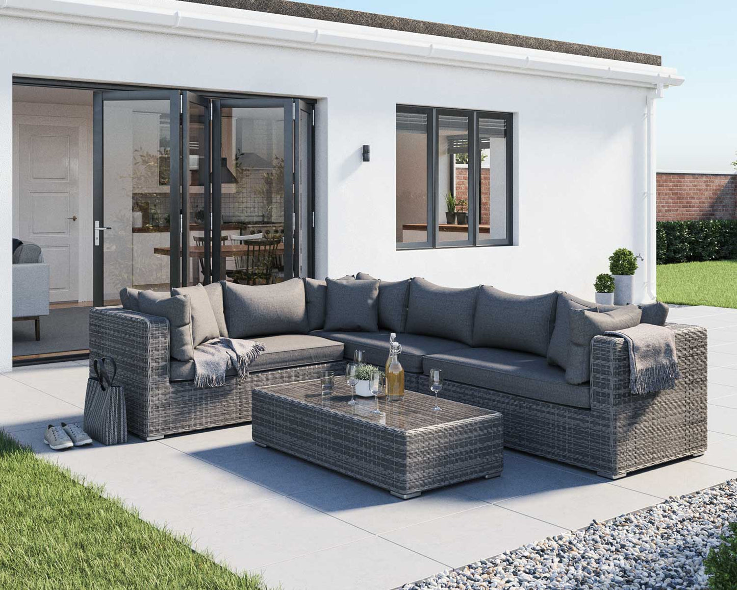 Monaco Rattan Garden Righthand Corner Sofa Set in Grey