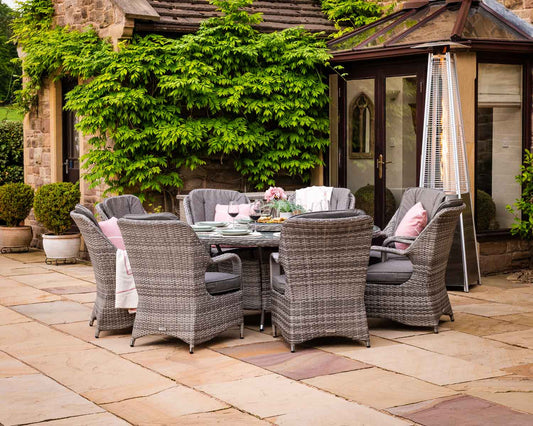 Marseille 8 Rattan Garden Dining Chairs and Large Round Table with Lazy Susan in Grey