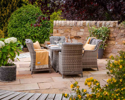 Riviera 6 Rattan Garden Chairs and Rectangular Fire Pit Dining Table in Grey