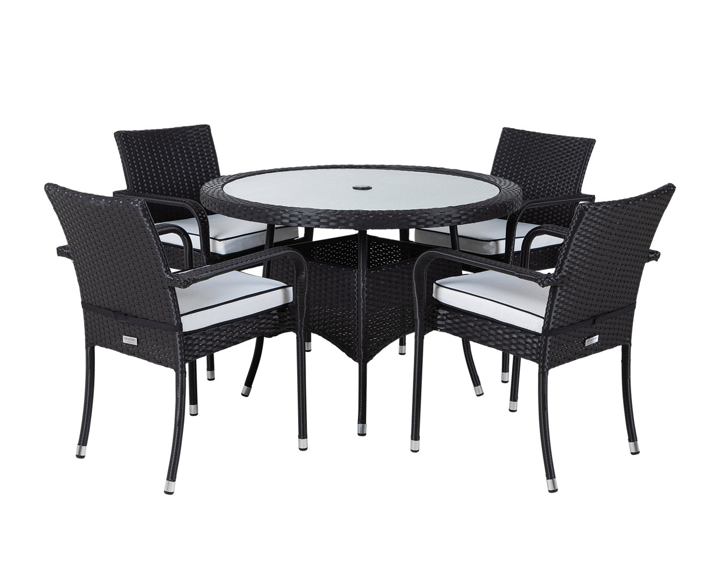Roma 4 Rattan Garden Chairs and Small Round Table Set in Black and Vanilla