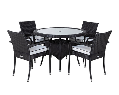 Roma 4 Rattan Garden Chairs and Small Round Table Set in Black and Vanilla