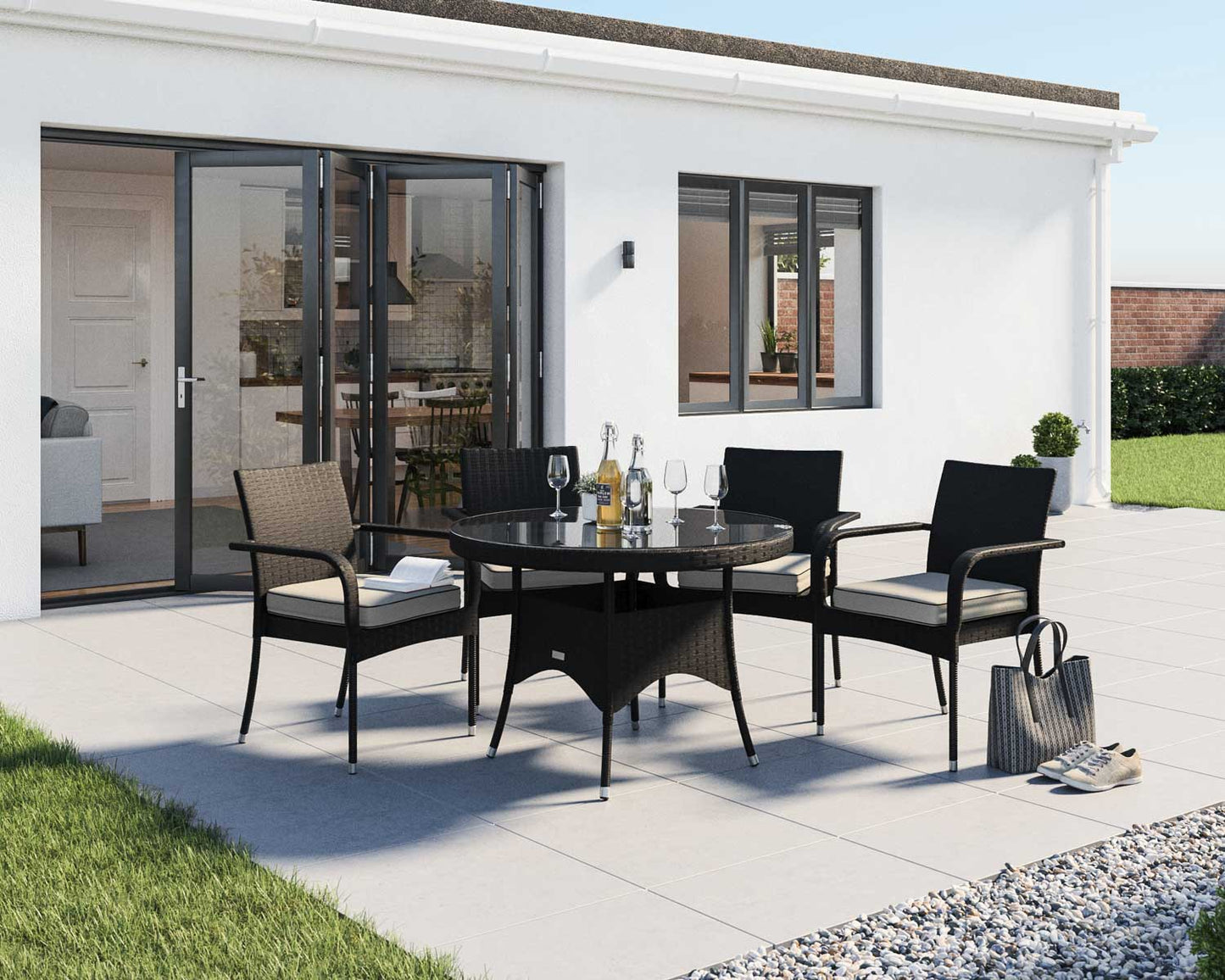 Roma 4 Rattan Garden Chairs and Small Round Table Set in Black and Vanilla