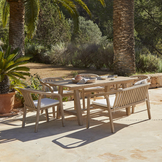 Shiro Wooden Rectangular Garden Dining Table Set with 4 Shiro chairs & Bench with Cushion Pads- Laura James
